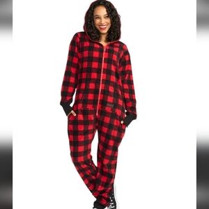 Tipsy Elves Lumberjack Jumpsuit Red and Black Buffalo Plaid Hooded Onesie